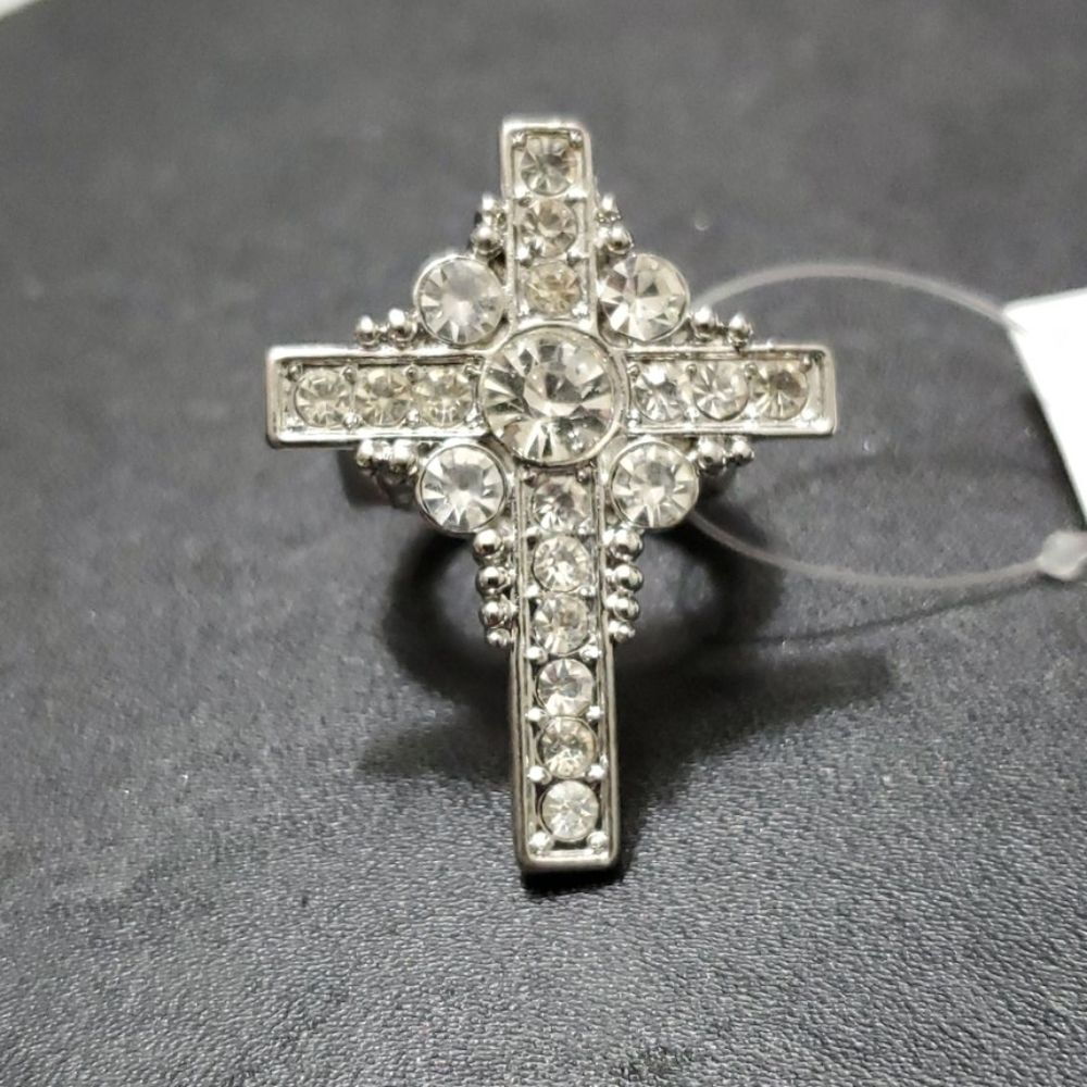 Silver tone cross stretch clear rhinestone statement ring